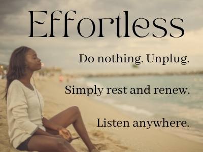 black woman sitting peacefully on beach depicting efforless